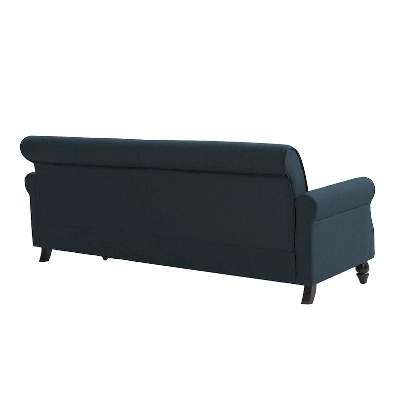 Mid-Century-Modern-Loveseat-Sofa aus Leinen mit Nagelkopfbesatz und gerollten Armlehnen