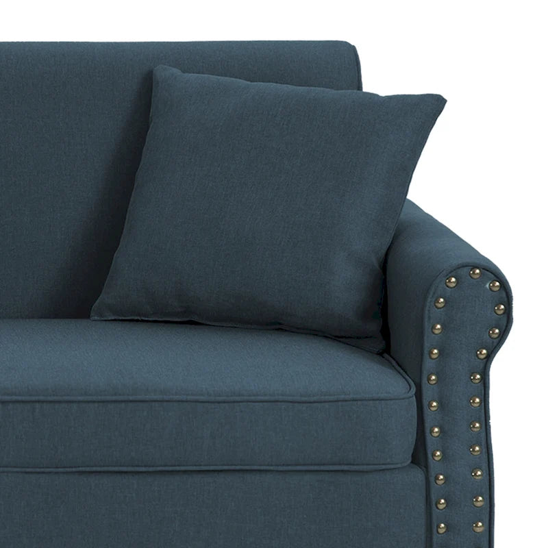 Mid-Century-Modern-Loveseat-Sofa aus Leinen mit Nagelkopfbesatz und gerollten Armlehnen