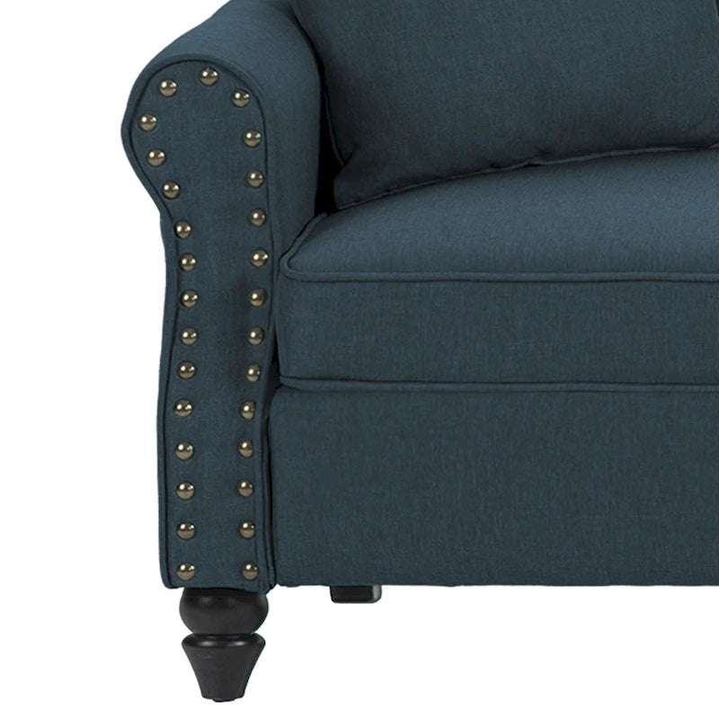 Mid-Century-Modern-Loveseat-Sofa aus Leinen mit Nagelkopfbesatz und gerollten Armlehnen