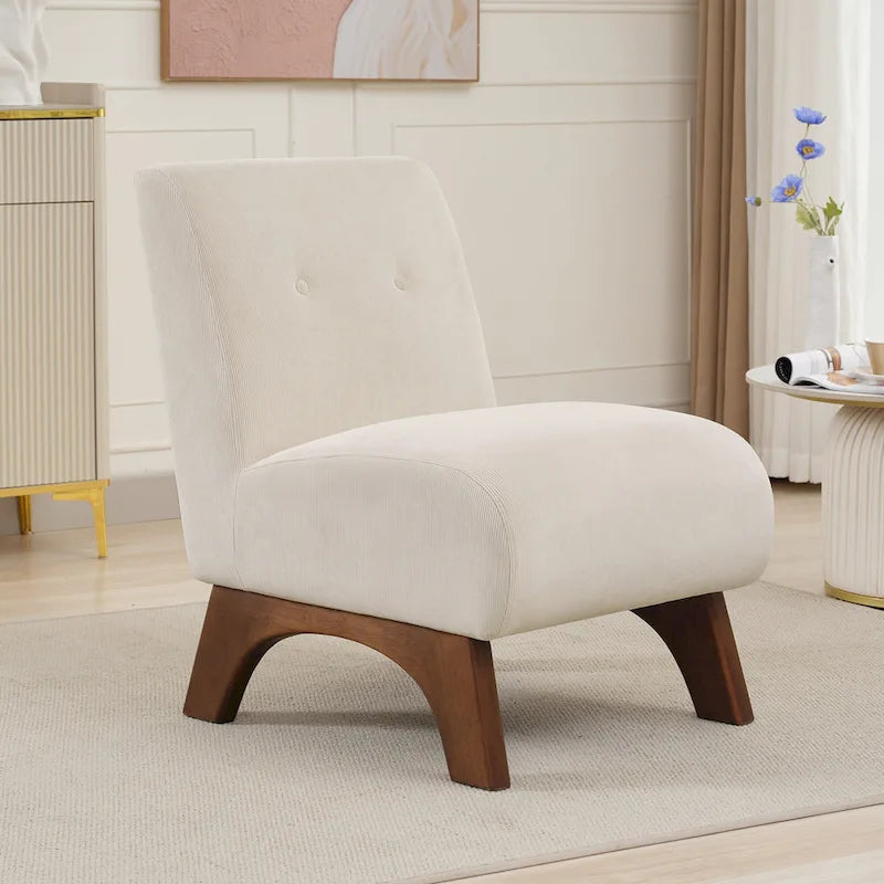 Armless Corduroy Accent Chair with Arched Solid Wood Legs & Padded Seat