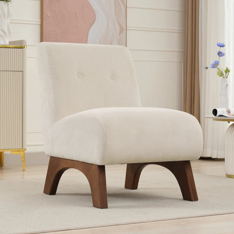 Armless Corduroy Accent Chair with Arched Solid Wood Legs & Padded Seat