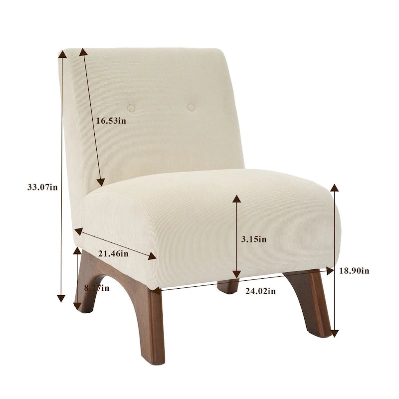 Armless Corduroy Accent Chair with Arched Solid Wood Legs & Padded Seat