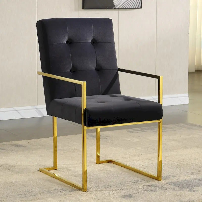 Chaise de salle à manger glamour en velours capitonné avec piètement luge doré en acier inoxydable
