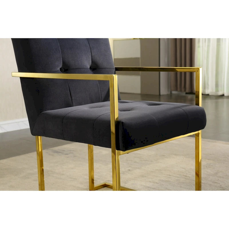 Chaise de salle à manger glamour en velours capitonné avec piètement luge doré en acier inoxydable
