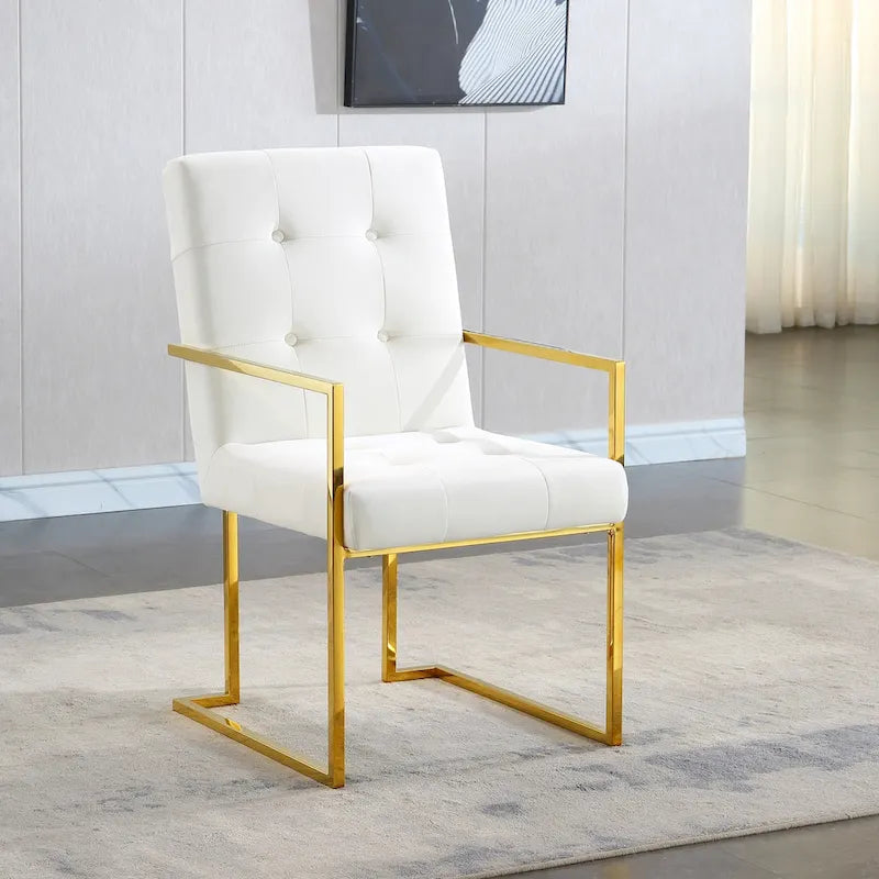 Chaise de salle à manger glamour en velours capitonné avec piètement luge doré en acier inoxydable