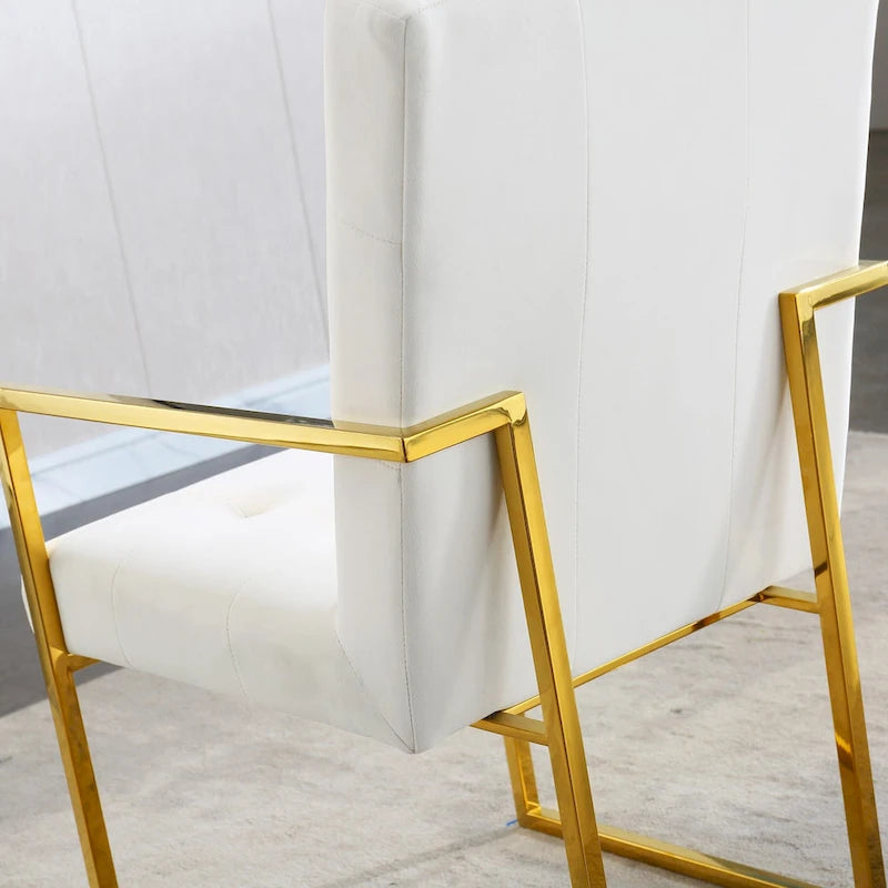 Chaise de salle à manger glamour en velours capitonné avec piètement luge doré en acier inoxydable