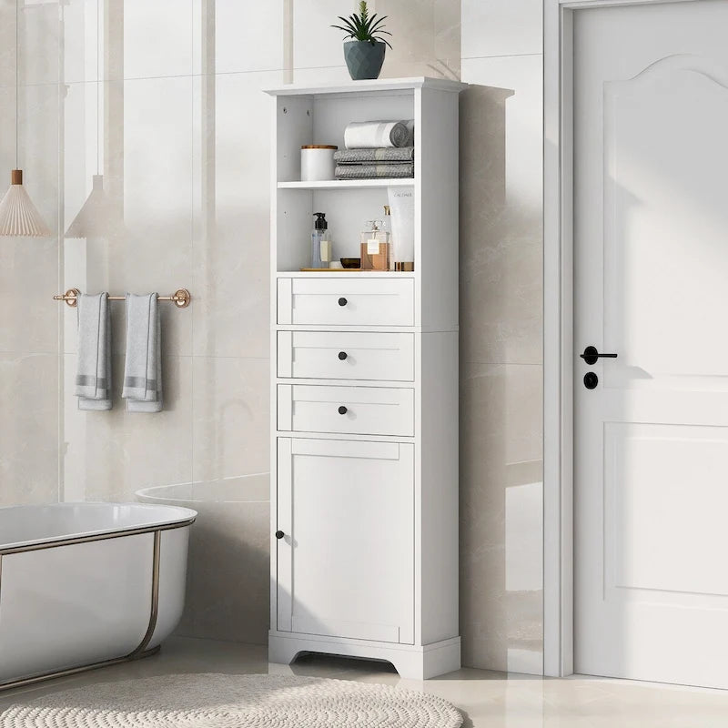 Tall Freestanding Bathroom Storage Cabinet with Drawers & Adjustable Shelves