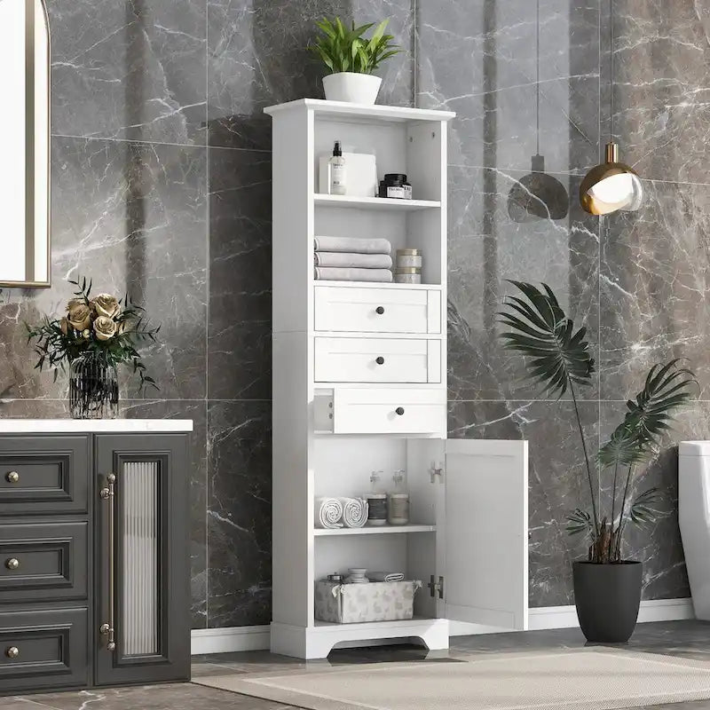 Tall Freestanding Bathroom Storage Cabinet with Drawers & Adjustable Shelves
