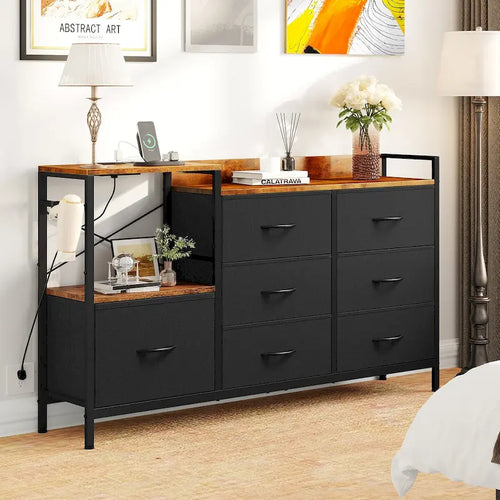 7-Drawer Dresser with Built-In Charging Station, Display Shelf & Side Hooks