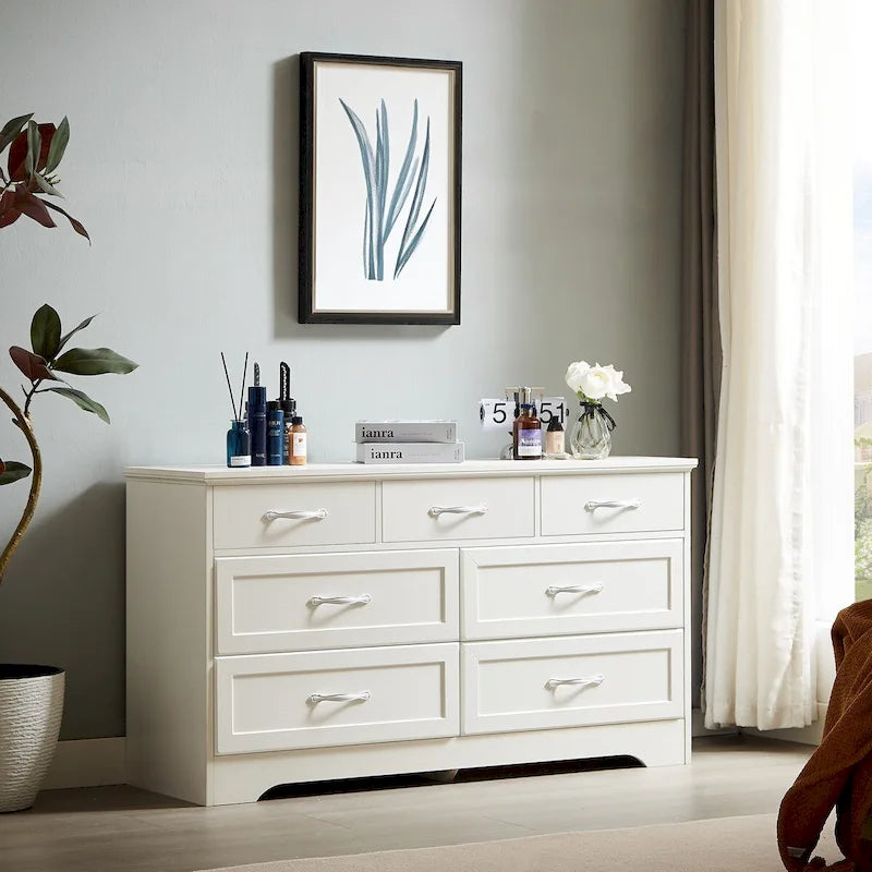 Modern 7-Drawer Dresser with Antique Metal Pulls & Anti-Tip Safety Device